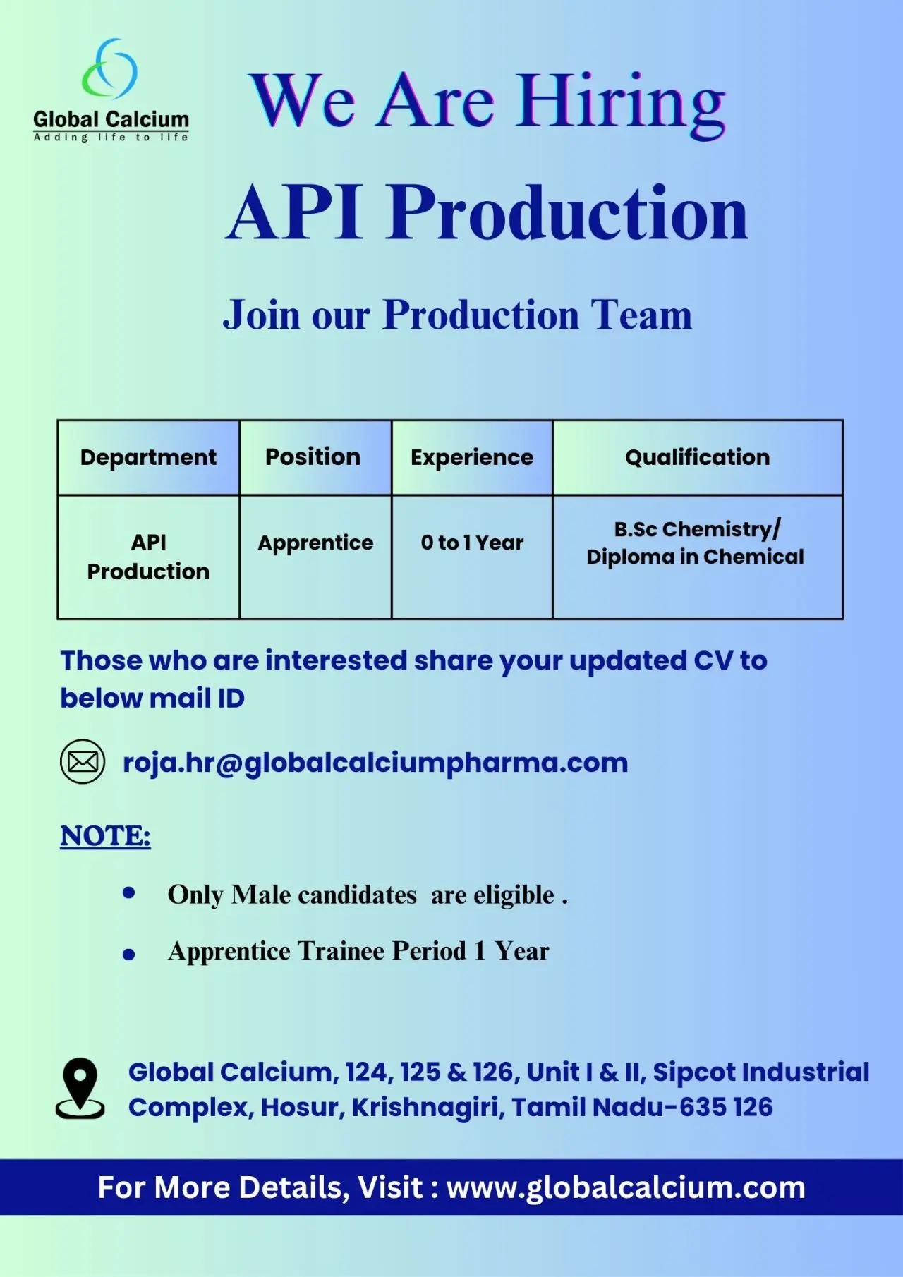 BSc Chemistry & Diploma Chemical Freshers – API Production Apprentice Jobs at Global Calcium 2 B.Sc Chemistry & Diploma Chemical Freshers – API Production Apprentice Jobs at Global Calcium, Hosur