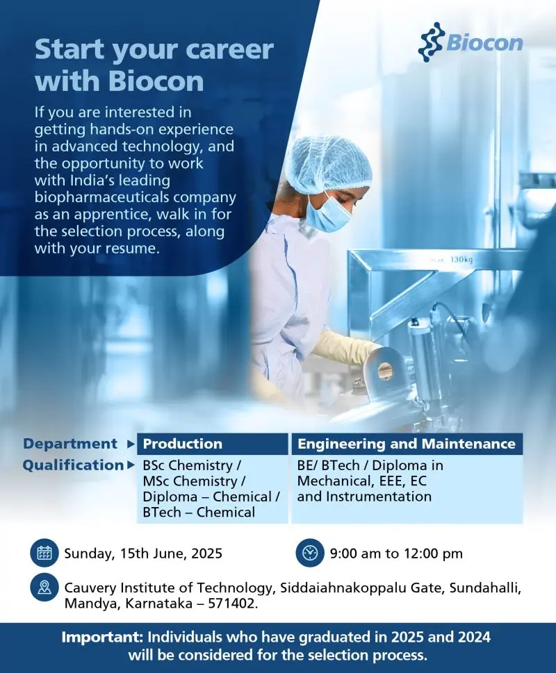 Biocon Apprentice Walk-in Drive 2025 – Freshers Opportunity in Production & Engineering 3 Biocon Apprentice Walk-in Drive 2025 – Freshers Opportunity in Production & B.Sc, M.Sc, B.Tech, Diploma