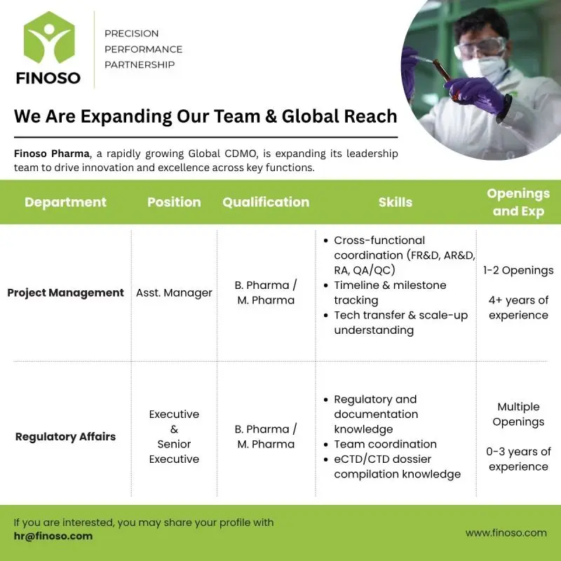 Finoso Pharma Fresher Wanted | Regulatory Affairs & Project Management 2 Finoso Pharma Hiring B.Pharm/M.Pharm Graduates | Regulatory Affairs & Project Management Jobs | CDMO Career Opportunity in Hyderabad