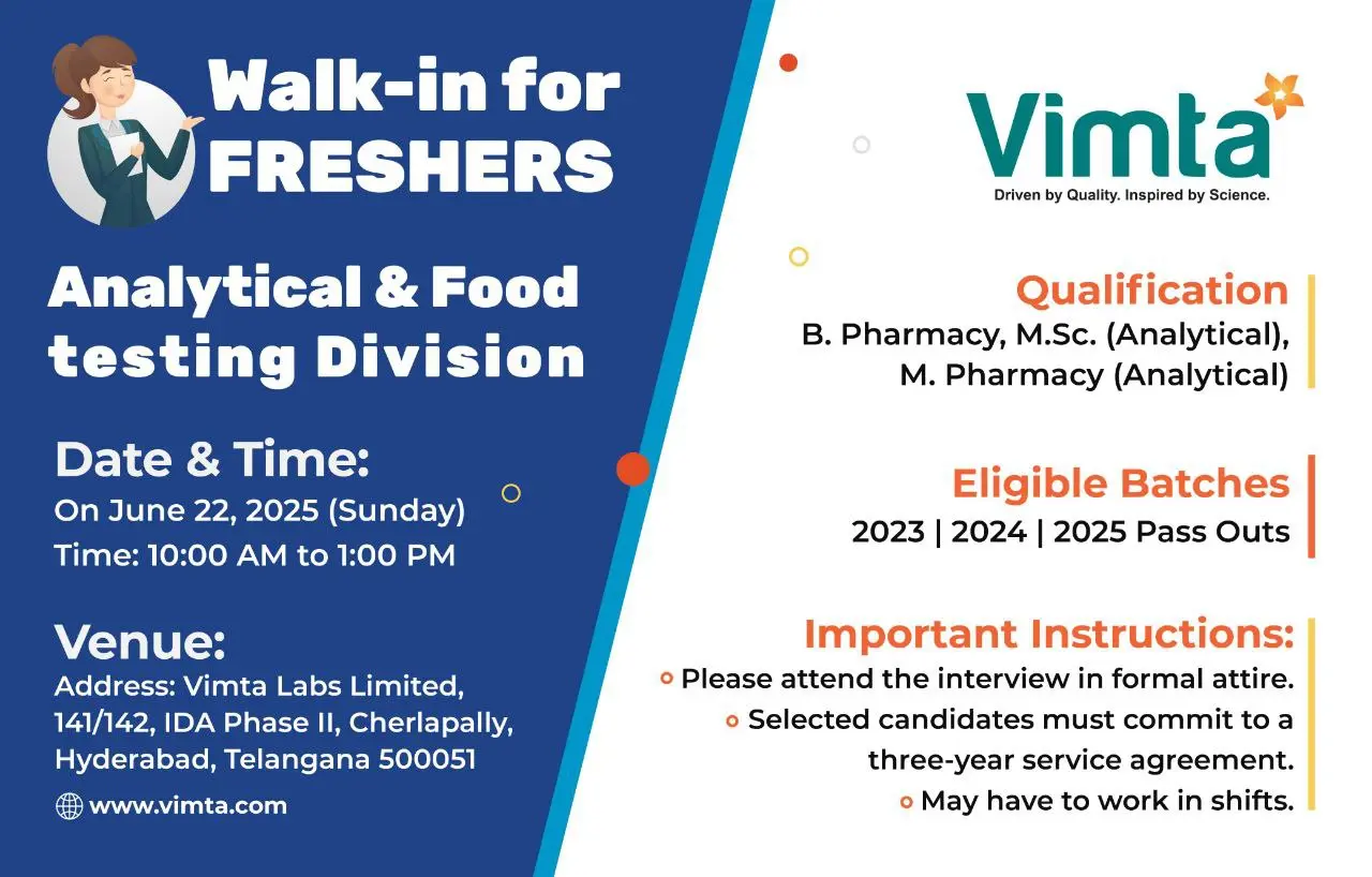Vimta Labs Hiring Freshers | B Pharmacy, M Pharmacy , M.Sc. Analytical Graduates 3 Vimta Labs Hiring Freshers | B.Pharmacy, M.Pharmacy (Analytical), M.Sc. Analytical Graduates