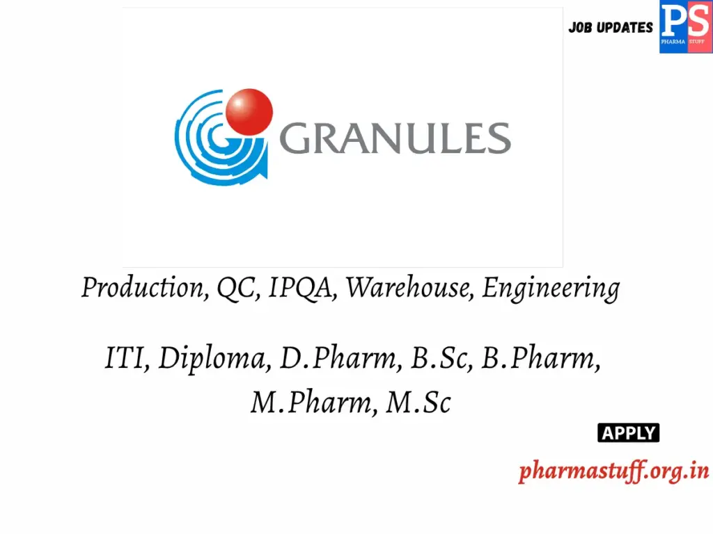 B.Sc, M.Sc, B.Pharm, M.Pharm, Diploma Candidates – Multiple Openings in Production, QC, IPQA, Warehouse & Engineering at Granules India, Hyderabad