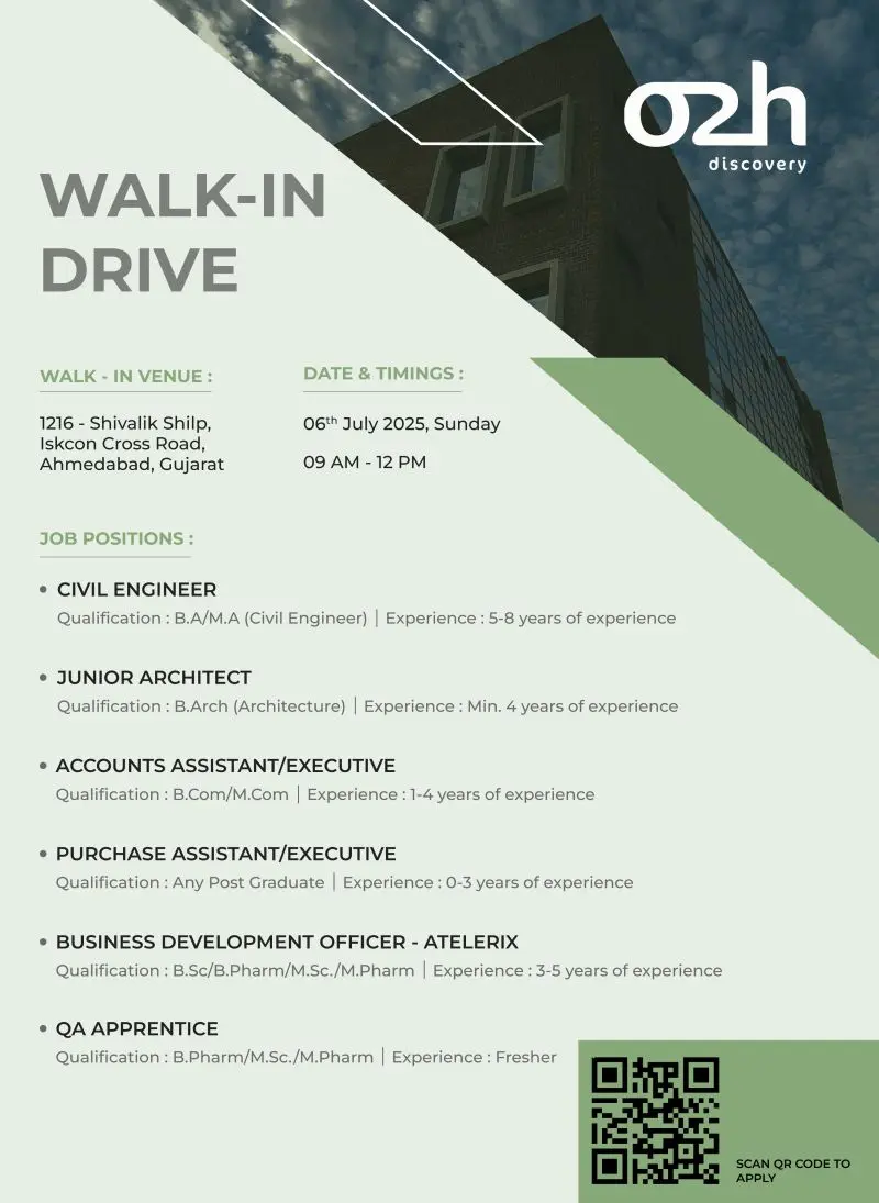 O2h Discovery Walk-in Drive | Multiple Vacancies | B Pharm, M Pharm, BCom, BSc, MSc 2 O2h Discovery walk-in drive on 6th July 2025 in Ahmedabad. Hiring B.Pharm, M.Pharm, B.Sc, M.Sc, B.Com, B.Arch, Civil Engineers