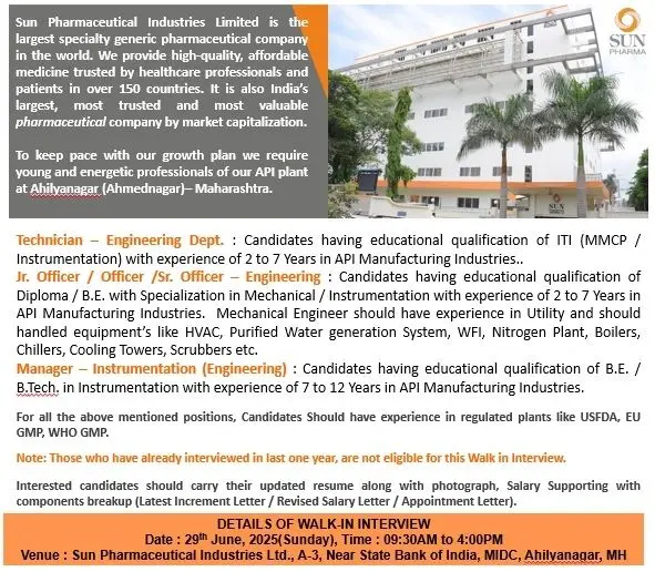 Sun Pharma Hiring for API Manufacturing| Multiple engineering, production roles 3 Sun Pharma Hiring for API Manufacturing