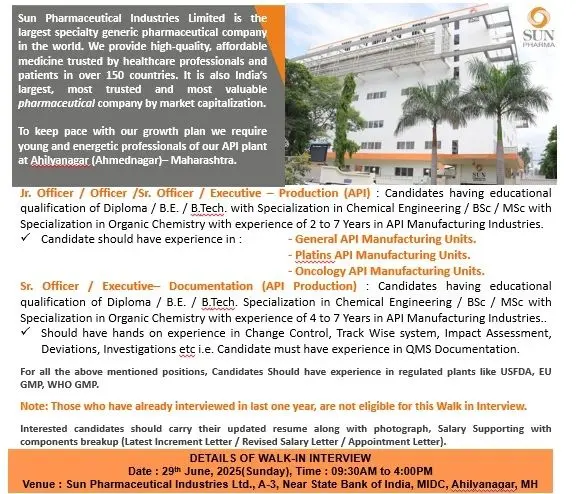 Sun Pharma Hiring for API Manufacturing| Multiple engineering, production roles 4 Sun Pharma Hiring for API Manufacturing