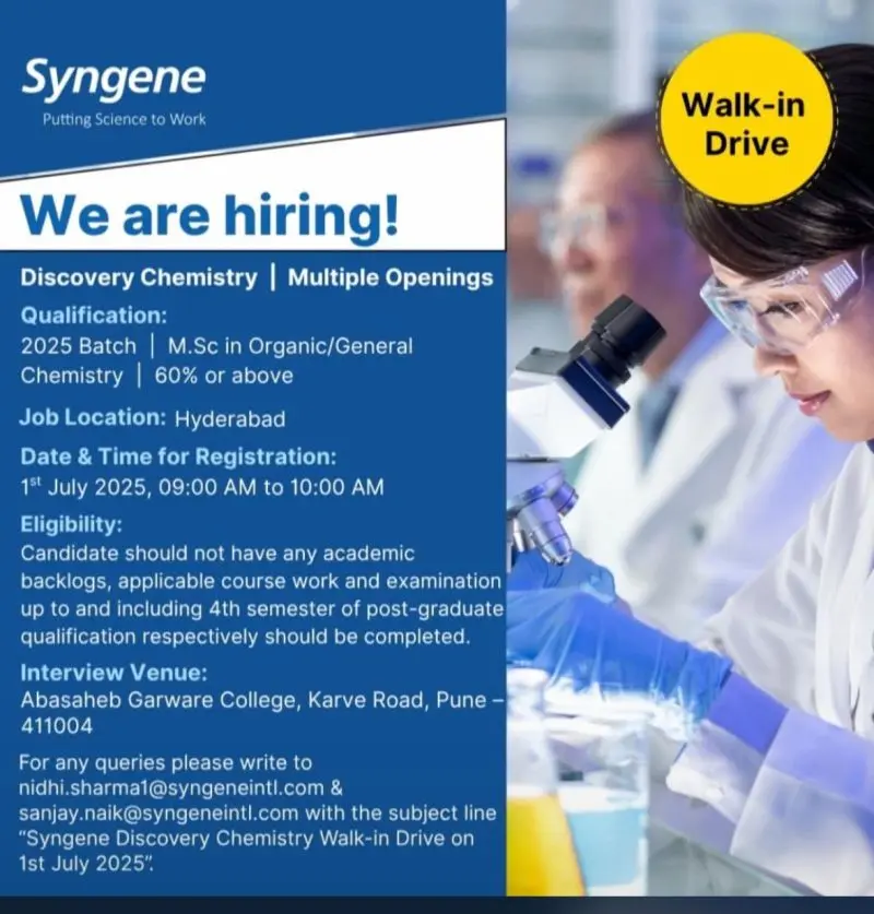 Syngene MSc Organic Chemistry Freshers Jobs | Multiple Openings, Hyderabad 3 Syngene MSc Organic Chemistry Freshers Jobs | Multiple Openings, Hyderabad