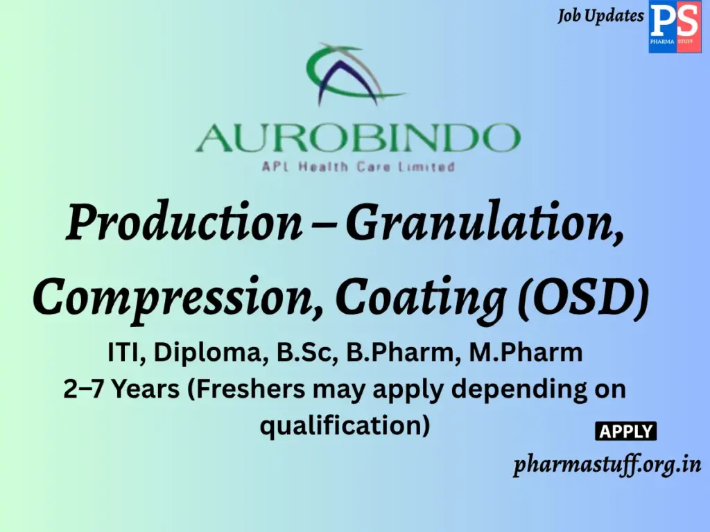 APL Health Care Limited (Aurobindo Pharma) Walk-In Production – Granulation, Compression, Coating (OSD)
