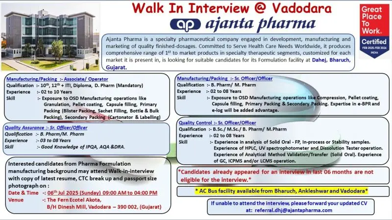 Ajanta Pharma Hiring Walk-In Interview – Multiple Openings Roles
