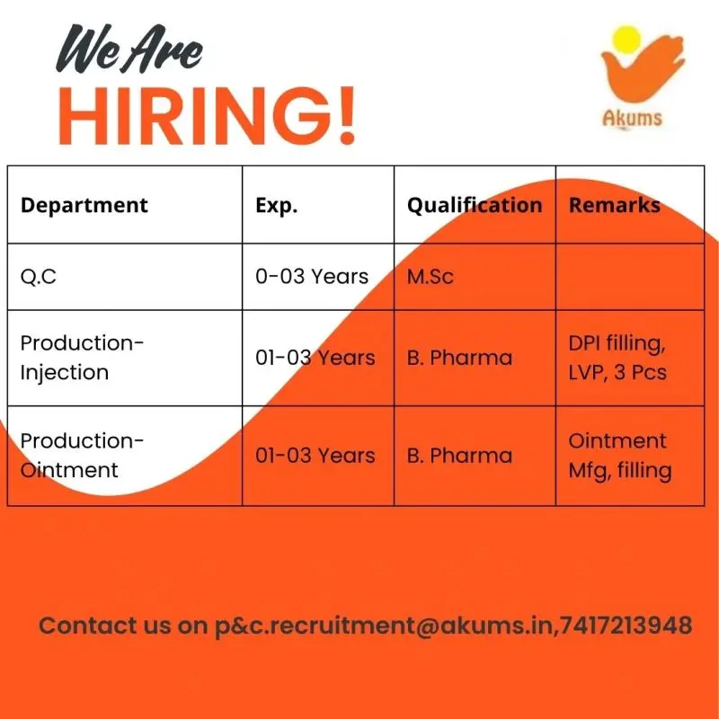 Akums Pharma Hiring QC, Production (Injection, Ointment) 2 Akums Pharma Hiring QC, Production (Injection, Ointment)