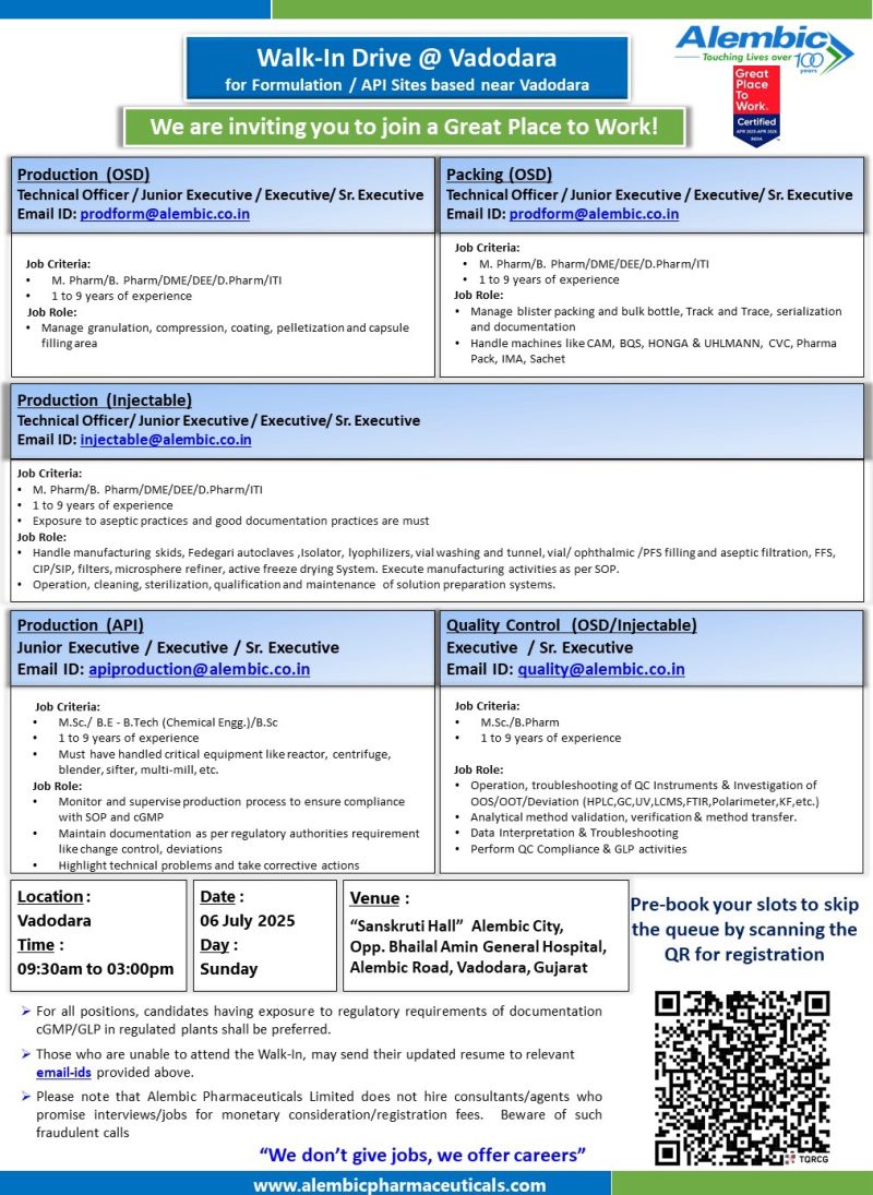 Alembic Pharma - Walk-in Drive for Production, QC, and Packaging Roles 3 Alembic Pharma Walk in Drive for Production QC and Packaging Roles