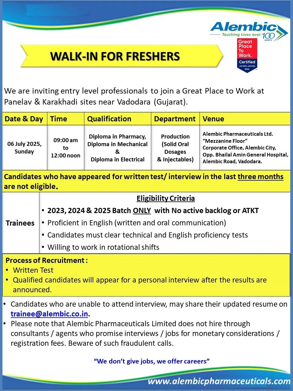 Alembic Pharmaceuticals Walk-In Trainee - Production Department 2 Alembic Pharmaceuticals Walk-In Trainee - Production Department