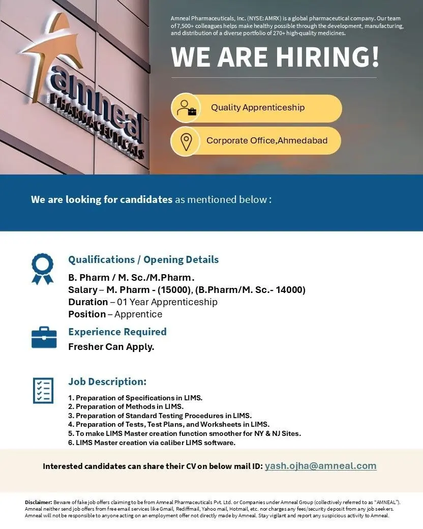 Amneal Pharmaceuticals Hiring Apprentice – Quality Department 2 Amneal Pharmaceuticals Hiring Apprentice – Quality Department