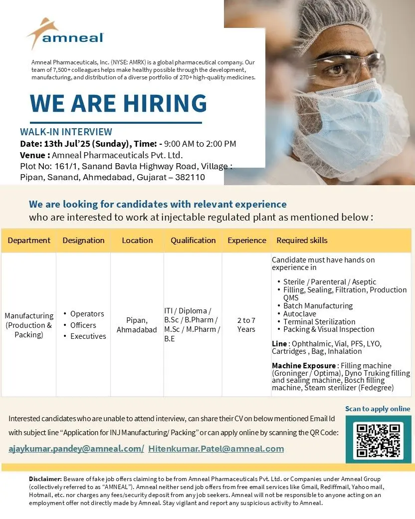 Amneal Pharmaceuticals Walk-In Injectable Manufacturing & Packing – Multiple Roles 2 Amneal Pharmaceuticals Walk-In Injectable Manufacturing & Packing – Multiple Roles