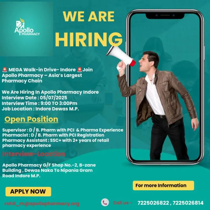 Apollo Pharmacy Walk-In Drive | D Pharm, B Pharm, SSC | Pharmacist, Assistant, Supervisor 2 Apollo Pharmacy Walk-In Drive at Indore | D. Pharm, B. Pharm, SSC | Pharmacist, Assistant, Supervisor