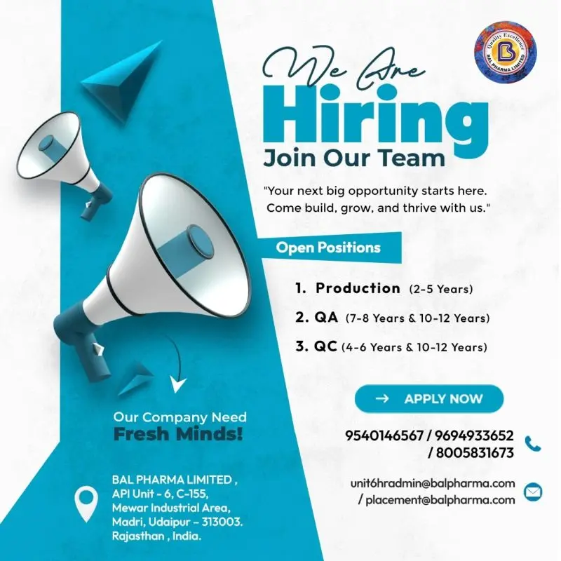 BAL Pharma Hiring Quality Assurance, Quality Control, Production 2 BAL Pharma Hiring Quality Assurance, Quality Control, Production