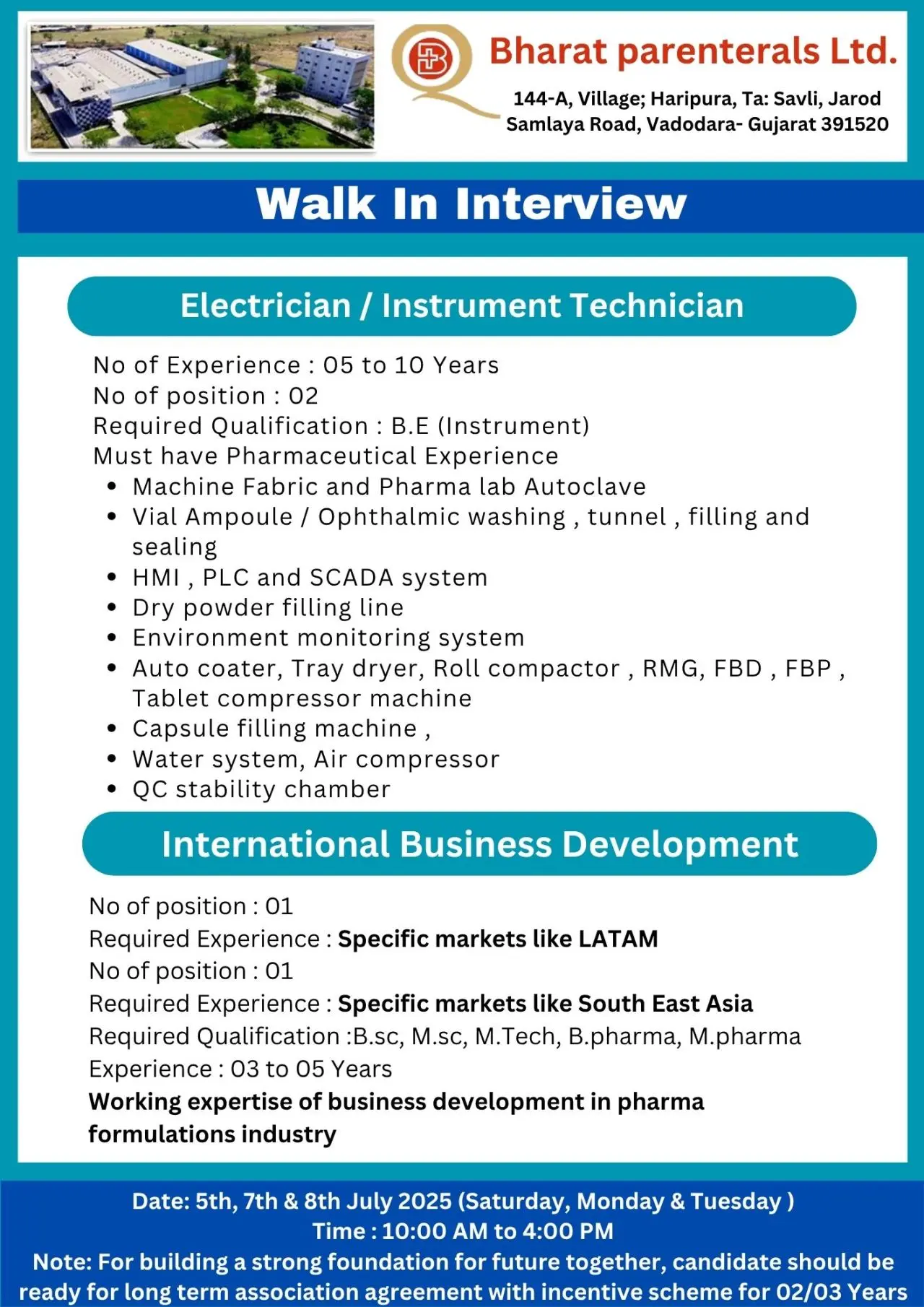 Bharat Parenterals Walk-InDrive – Multiple Openings Production, QA, QC, Regulatory & More 3 Bharat Parenterals Limited walkin business development
