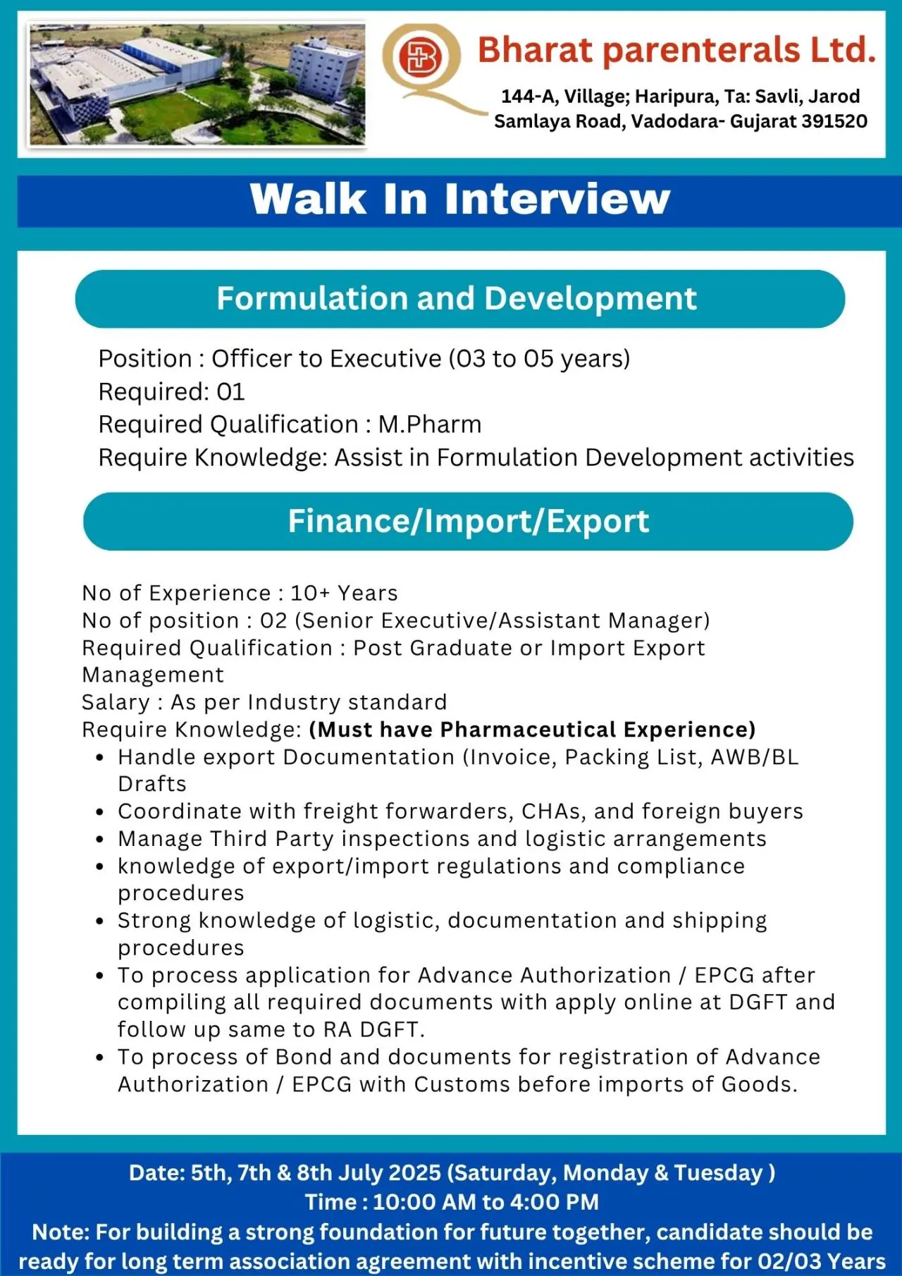 Bharat Parenterals Walk-InDrive – Multiple Openings Production, QA, QC, Regulatory & More 4 Bharat Parenterals Limited walkin formulation development