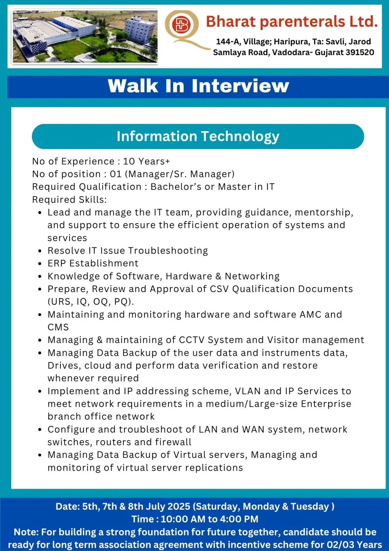 Bharat Parenterals Walk-InDrive – Multiple Openings Production, QA, QC, Regulatory & More 7 Bharat Parenterals Limited walkin information technology
