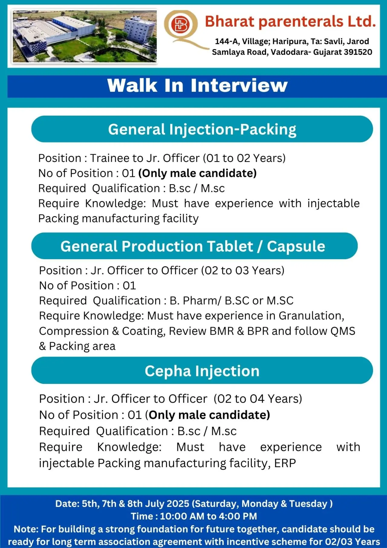 Bharat Parenterals Walk-InDrive – Multiple Openings Production, QA, QC, Regulatory & More 8 Bharat Parenterals Limited walkin production, packing