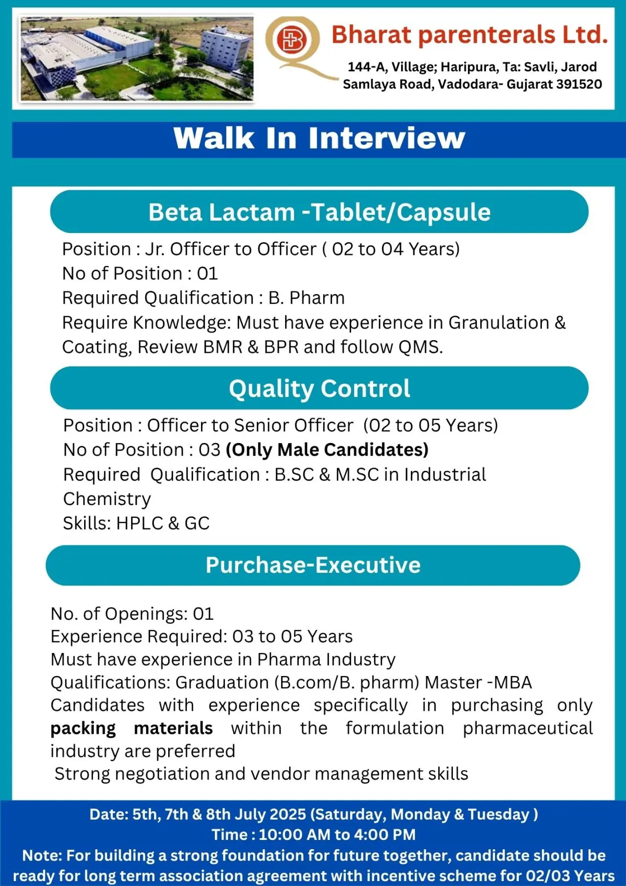 Bharat Parenterals Walk-InDrive – Multiple Openings Production, QA, QC, Regulatory & More 5 Bharat Parenterals Limited walkin qc, purchase