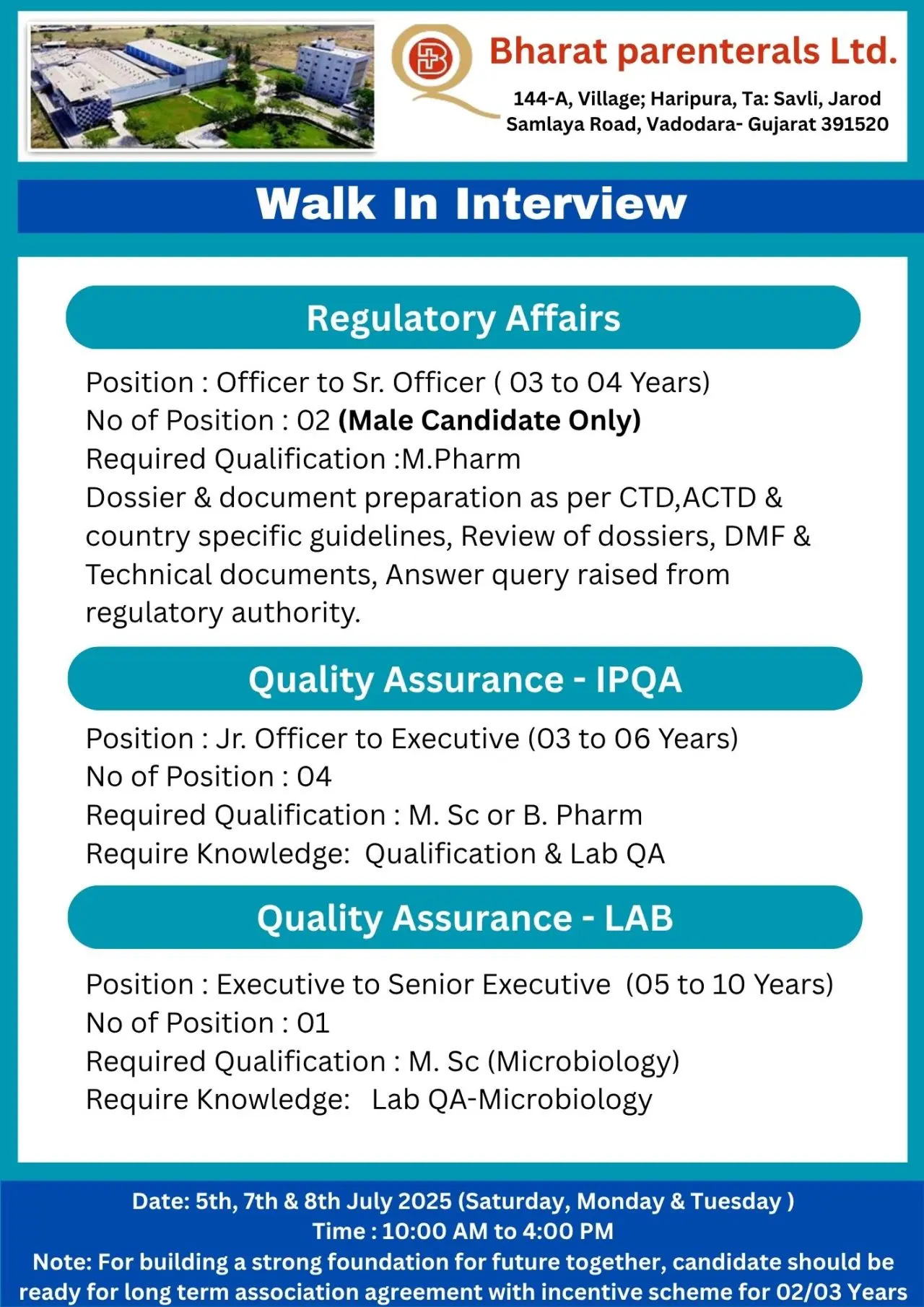 Bharat Parenterals Walk-InDrive – Multiple Openings Production, QA, QC, Regulatory & More 6 Bharat Parenterals Limited walkin regulatory affairs, QA, QC
