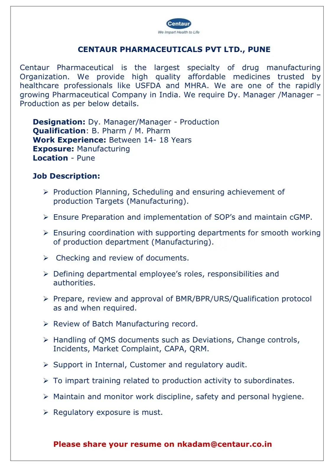 Centaur Pharmaceuticals Hiring for Production Manager Roles 2 Centaur Pharmaceuticals Hiring for Production Manager Roles