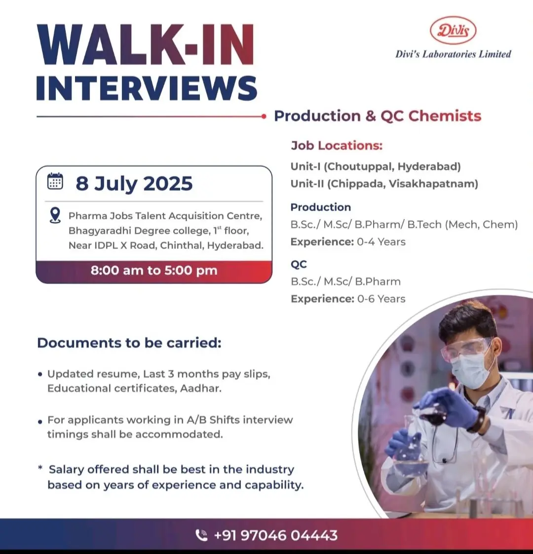 Divi's Laboratories Walk-in Production & QC Chemist 2 Divi's Laboratories Walk-in Production & QC Chemist