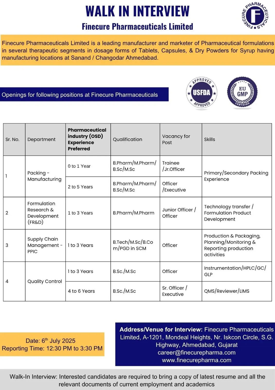 Finecure Pharmaceuticals Walk-in Packing, Manufacturing, FR&D, SCM-PPIC, Quality Control 2 Finecure Pharmaceuticals Walk-in Packing, Manufacturing, FR&D, SCM-PPIC, Quality Control