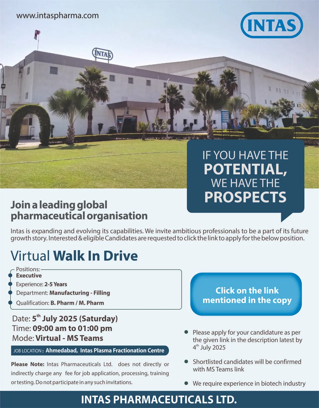 Intas Pharmaceuticals Hiring Executive - Manufacturing (Filling) 2 Intas Pharmaceuticals Hiring Executive - Manufacturing (Filling)