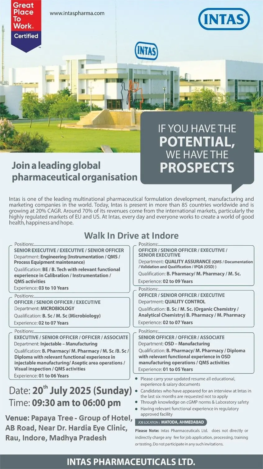 Intas Pharmaceuticals Walk-in Engineering, Microbiology, QA, QC, OSD, Injectables 2 Intas Pharmaceuticals Walk-in Engineering, Microbiology, QA, QC, OSD, Injectables