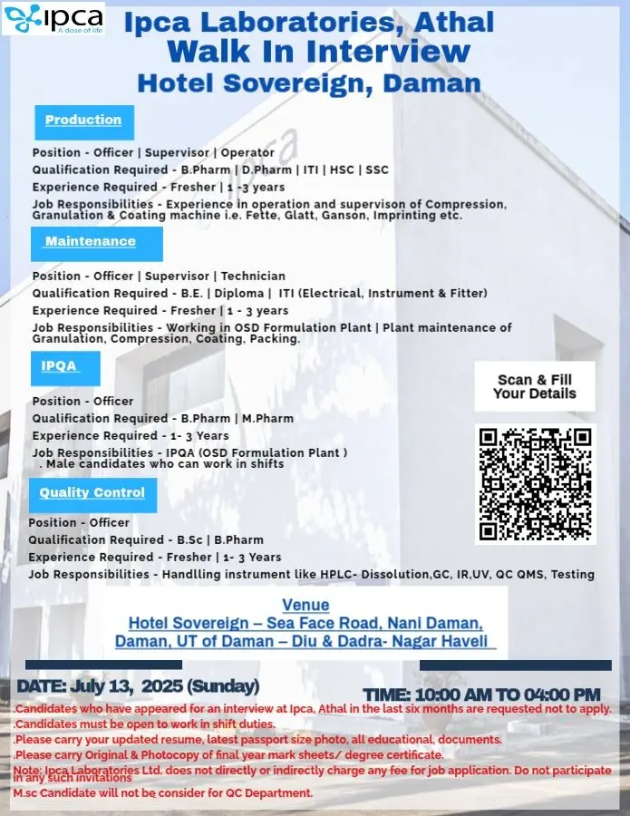 Ipca Laboratories Walk-in Production, Maintenance, QC, IPQA 2 Ipca Laboratories Walk-in Production, Maintenance, QC, IPQA