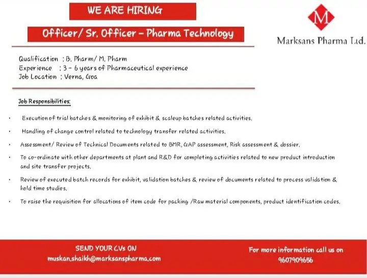 Marksans Pharma Hiring Pharma Technology (Officer/Sr. Officer) 2 Marksans Pharma Hiring Pharma Technology (Officer/Sr. Officer)