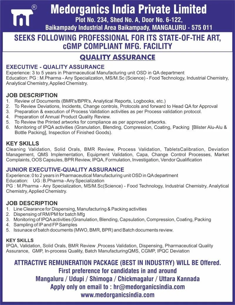 Medorganics India Hiring Quality Assurance (Executive, Jr. Executive) 2 Medorganics India Hiring Quality Assurance (Executive, Jr. Executive)