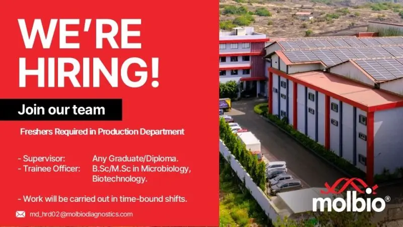 Molbio Hiring Freshers | Production Dept | BSc/MSc | Goa 2 Molbio Diagnostics hiring freshers for Production in Goa. Open roles for B.Sc, M.Sc Microbiology, Biotechnology, Diploma holders.