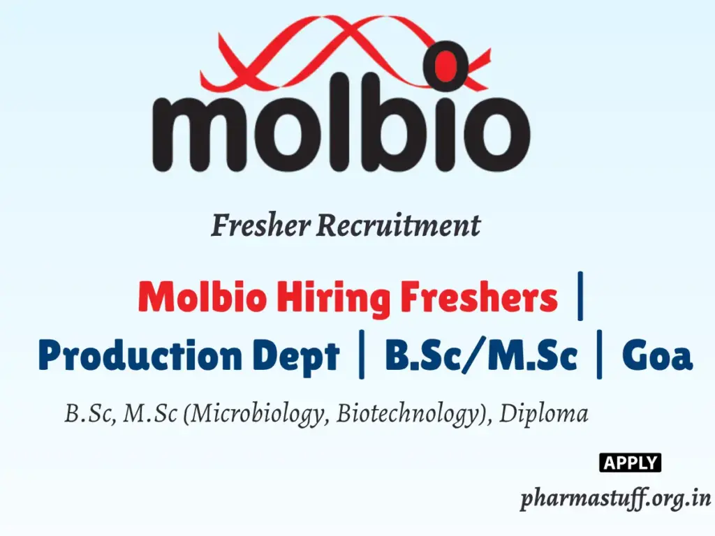 Molbio Hiring Freshers | Production Dept | BSc/MSc | Goa 1 Molbio Diagnostics Hiring Freshers for Production Roles | B.Sc, M.Sc Microbiology, Biotechnology, Diploma | Goa Location