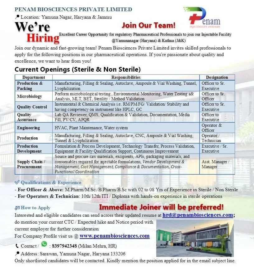 Penam Biosciences Walk-in QC, QA, Microbiology, Production, Engineering, Supply Chain, R&D 2 Penam Biosciences Walk-in QC, QA, Microbiology, Production, Engineering, Supply Chain, R&D