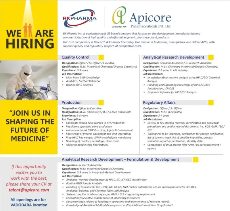 RK Pharma Hiring QC, Production, AR&D, Regulatory Affairs 2 RK Pharma Hiring QC, Production, AR&D, Regulatory Affairs