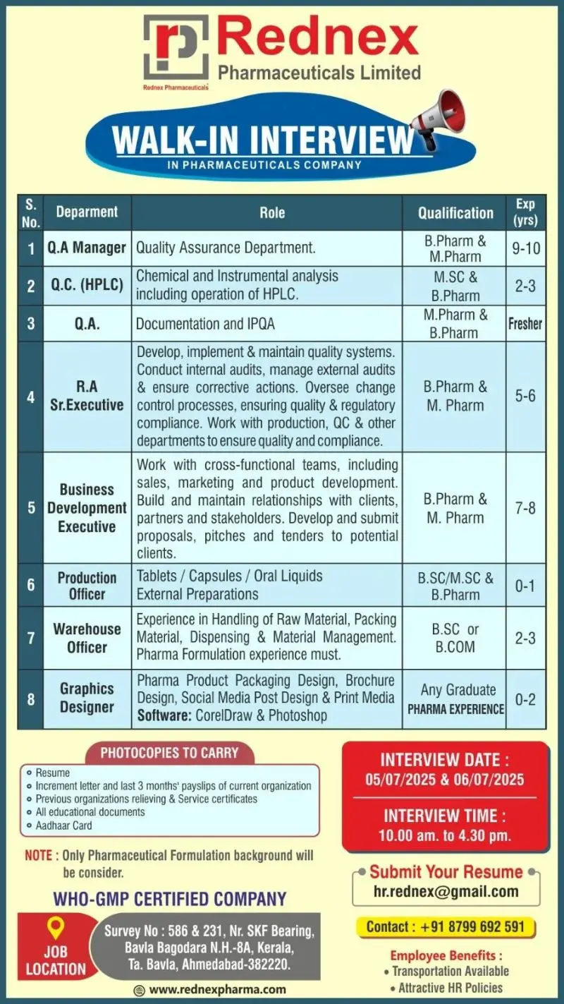 Rednex Pharmaceuticals Walk-in QA, QC, RA, Production, Warehouse, Business Development 2 Rednex Pharmaceuticals Walk-in QA, QC, RA, Production, Warehouse, Business Development