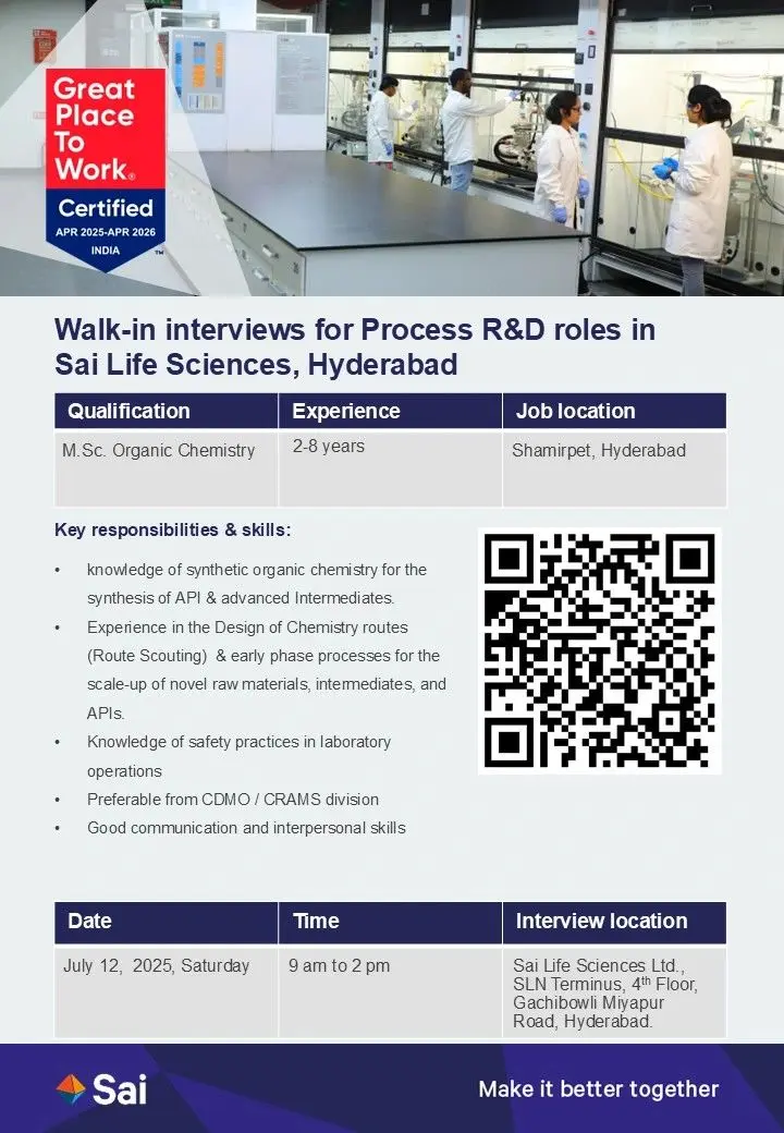 Sai Life Sciences Walk-in Process R&D – API/Intermediate Synthesis 2 Sai Life Sciences Walk-in Process R&D – API/Intermediate Synthesis