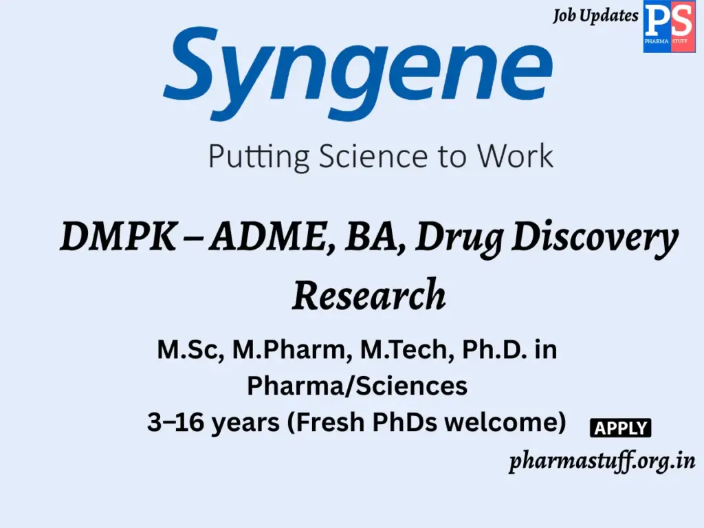 _ Syngene International Hiring DMPK – ADME, BA, Drug Discovery Research