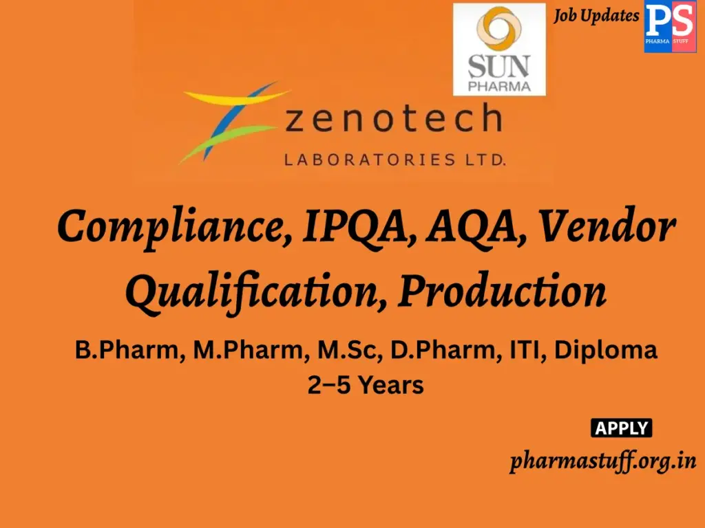Zenotech Laboratories (Sun Pharma) Hiring Compliance, IPQA, AQA, Vendor Qualification, Production
