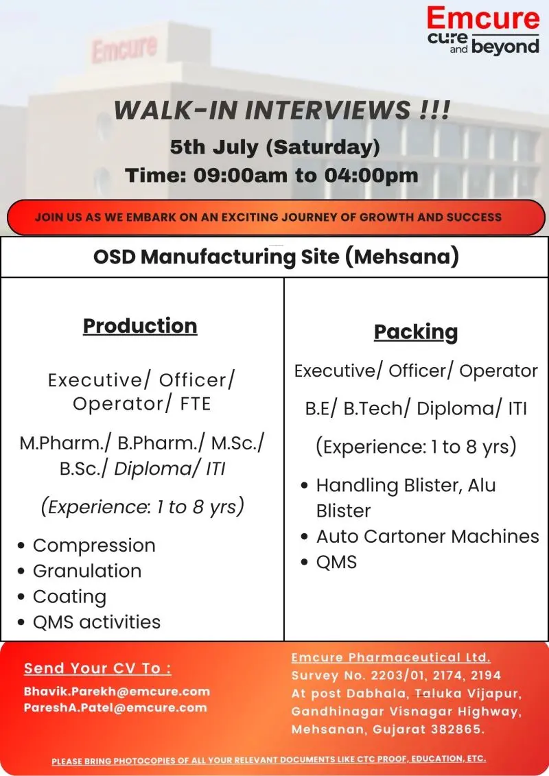 Emcure Pharma Walk-In For Production & Packing Roles 3 emcure-pharma-hiring-production-packing-mehsana