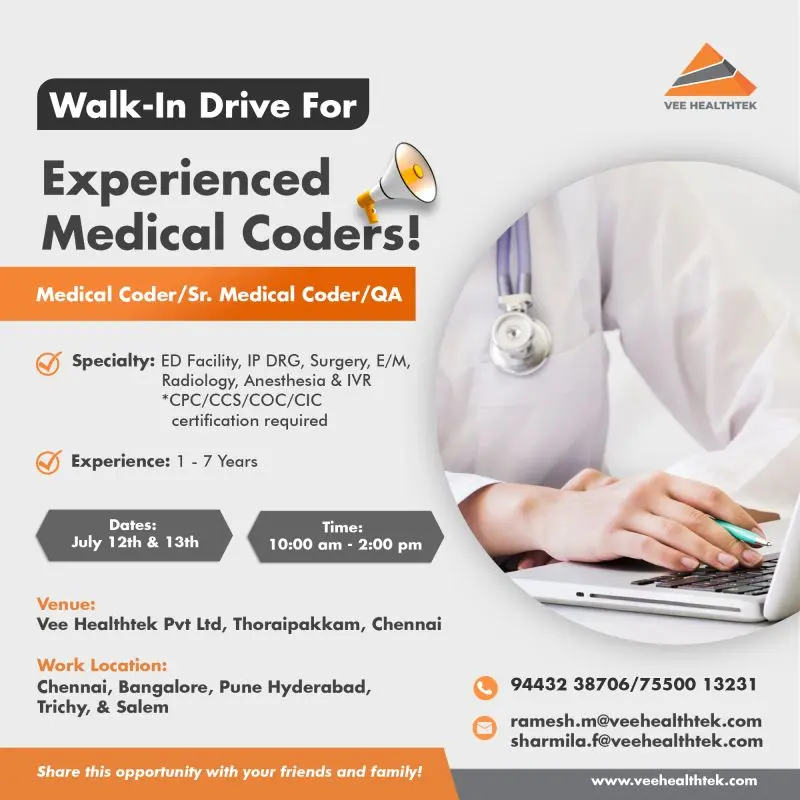 Vee Healthtek Hiring Medical Coders – CPC/CCS Certified – Chennai Walk-In 2 Vee Healthtek Hiring Medical Coders – CPC/CCS Certified – Chennai Walk-In