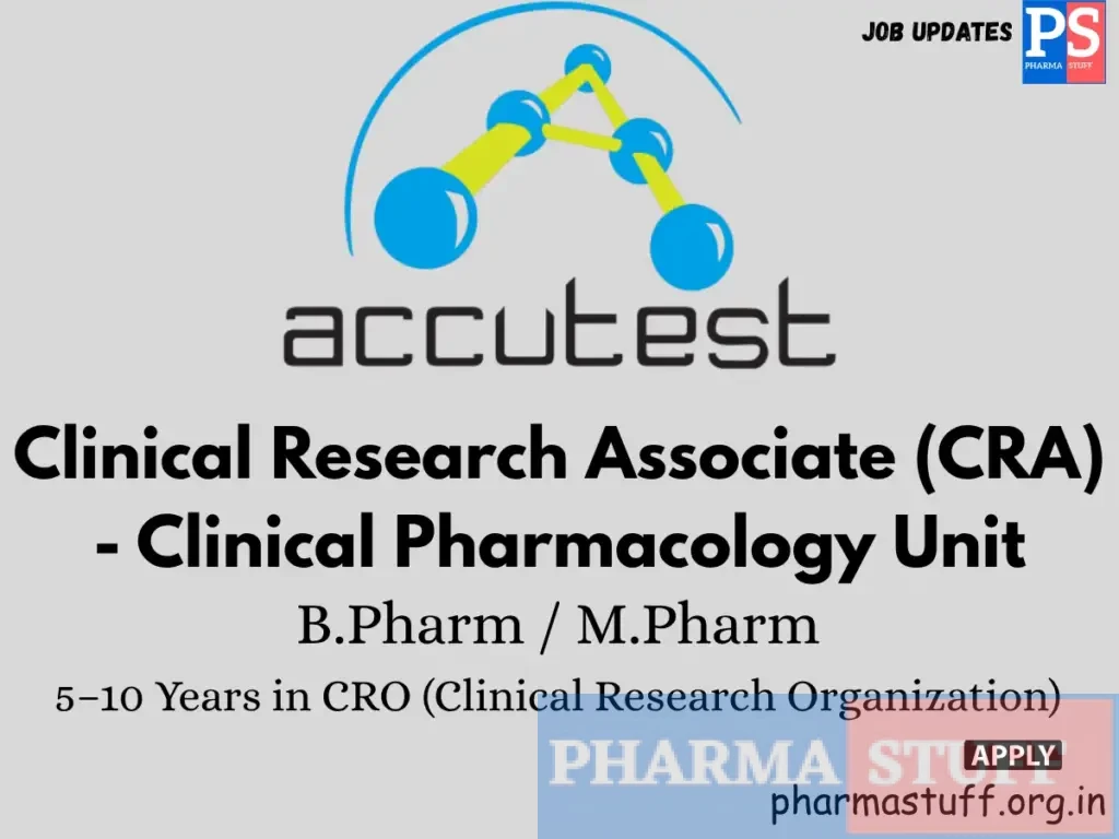 Accutest Research Laboratories Hiring Clinical Research Associate (CRA) - Clinical Pharmacology Unit