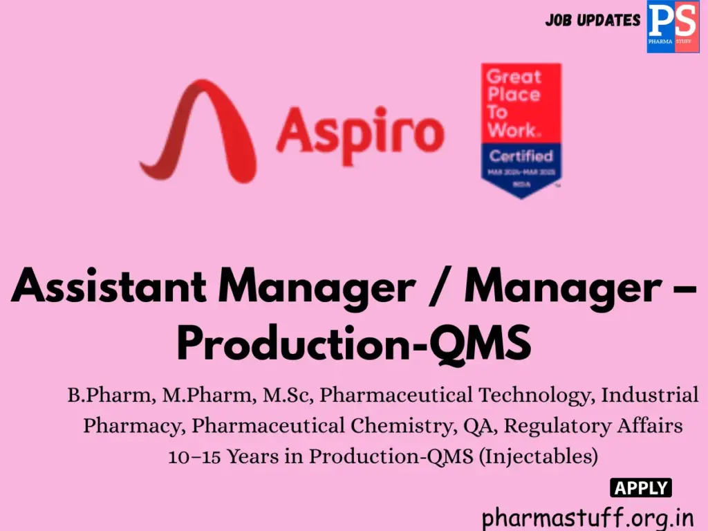Aspiro Pharma Hiring Assistant Manager / Manager – Production-QMS