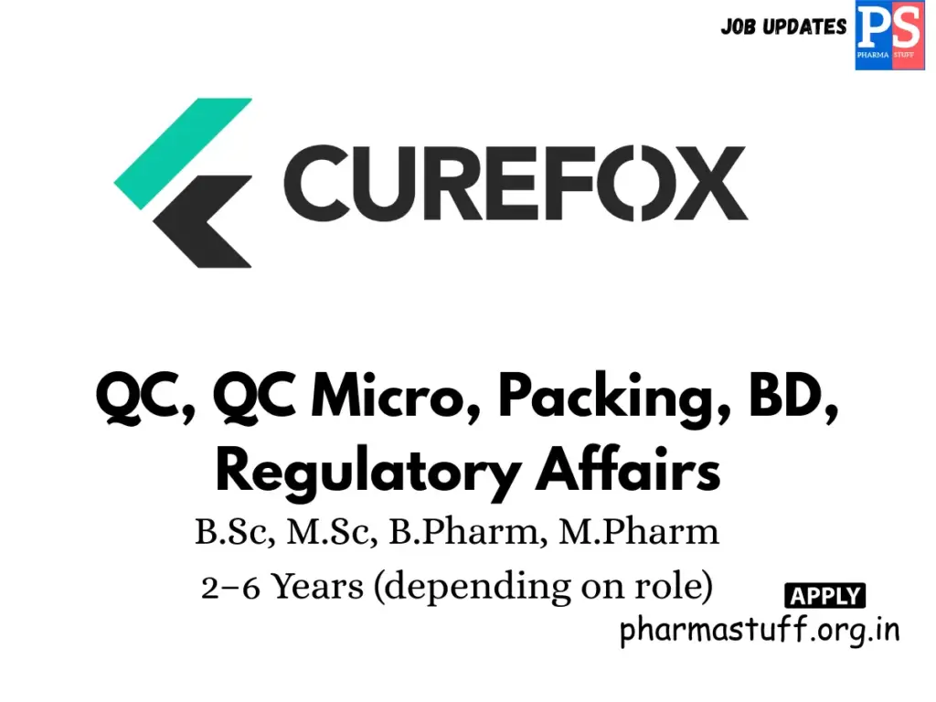 Curefox Healthcare walk-in QC, QC Micro, Packing, BD, Regulatory Affairs