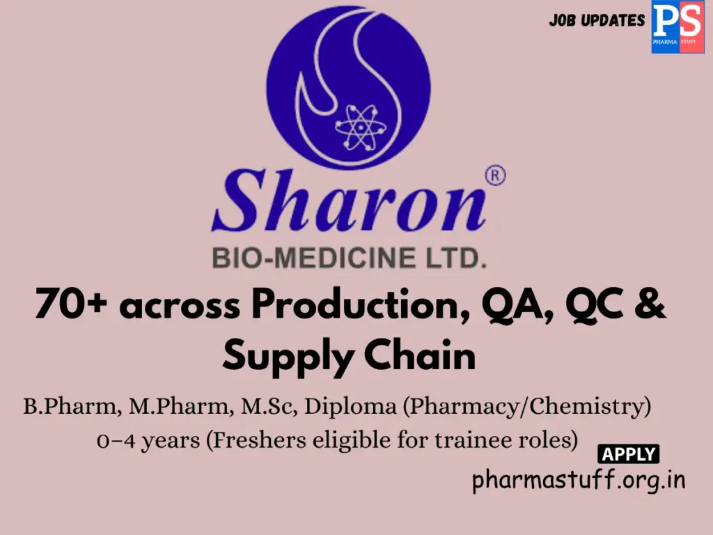 Sharon Bio-Medicine Walk-in 70+ across Production, QA, QC & Supply Chain
