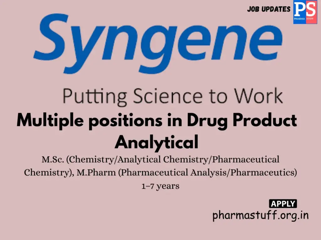 Syngene International Hiring Multiple positions in Drug Product Analytical