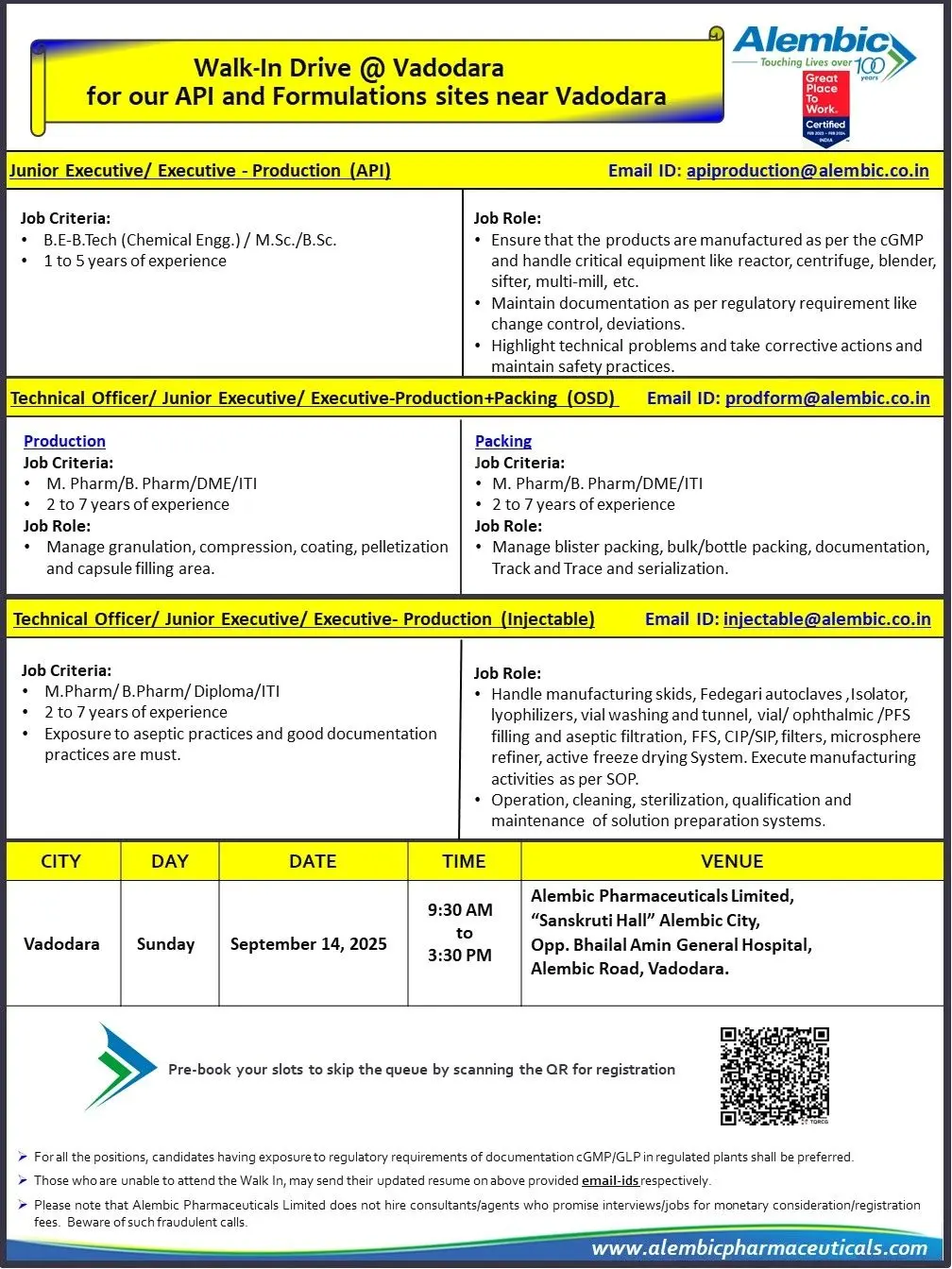 Alembic Pharma Walk-in Executives & Officers