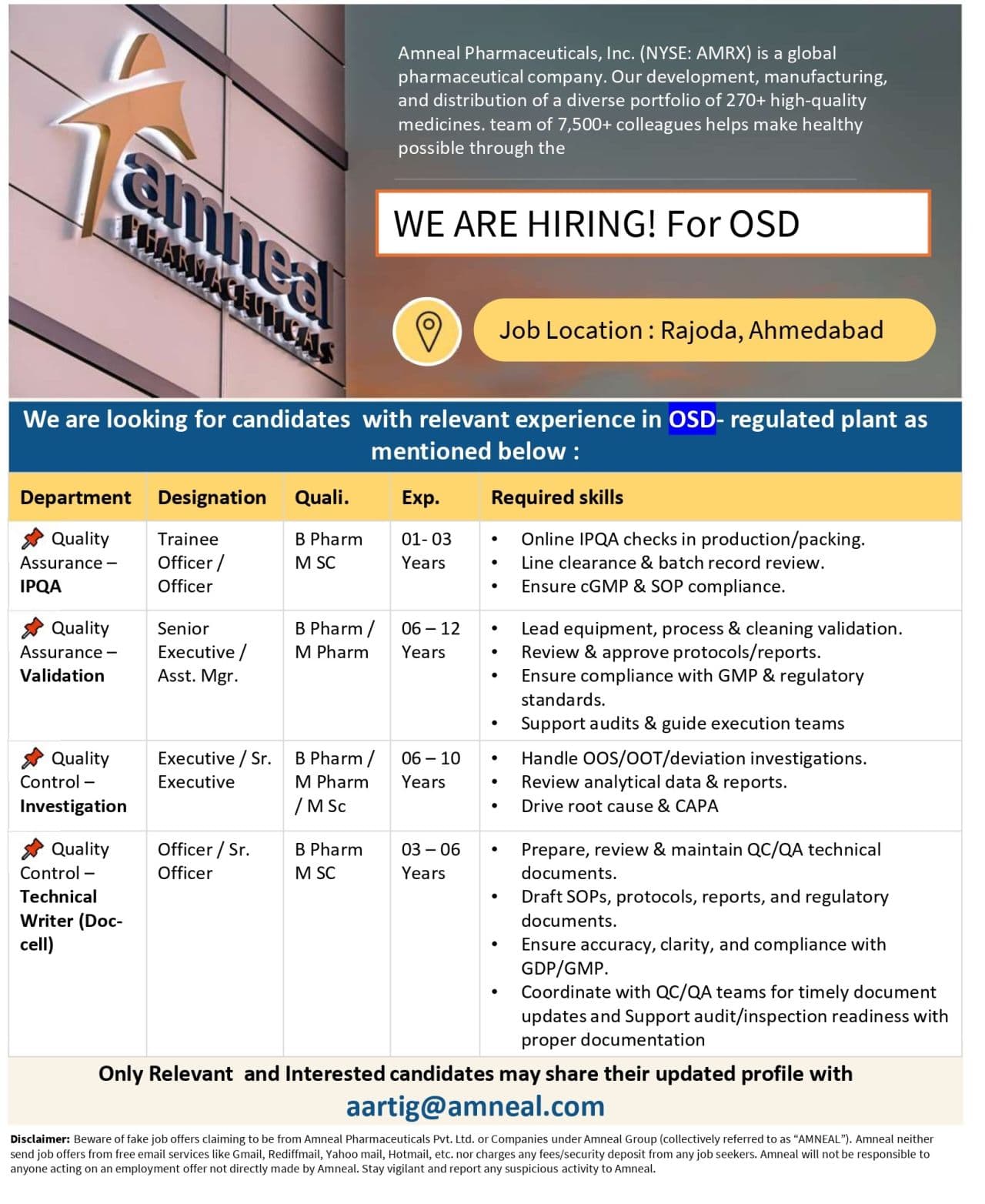 Amneal Pharma Hiring OSD QA & QC