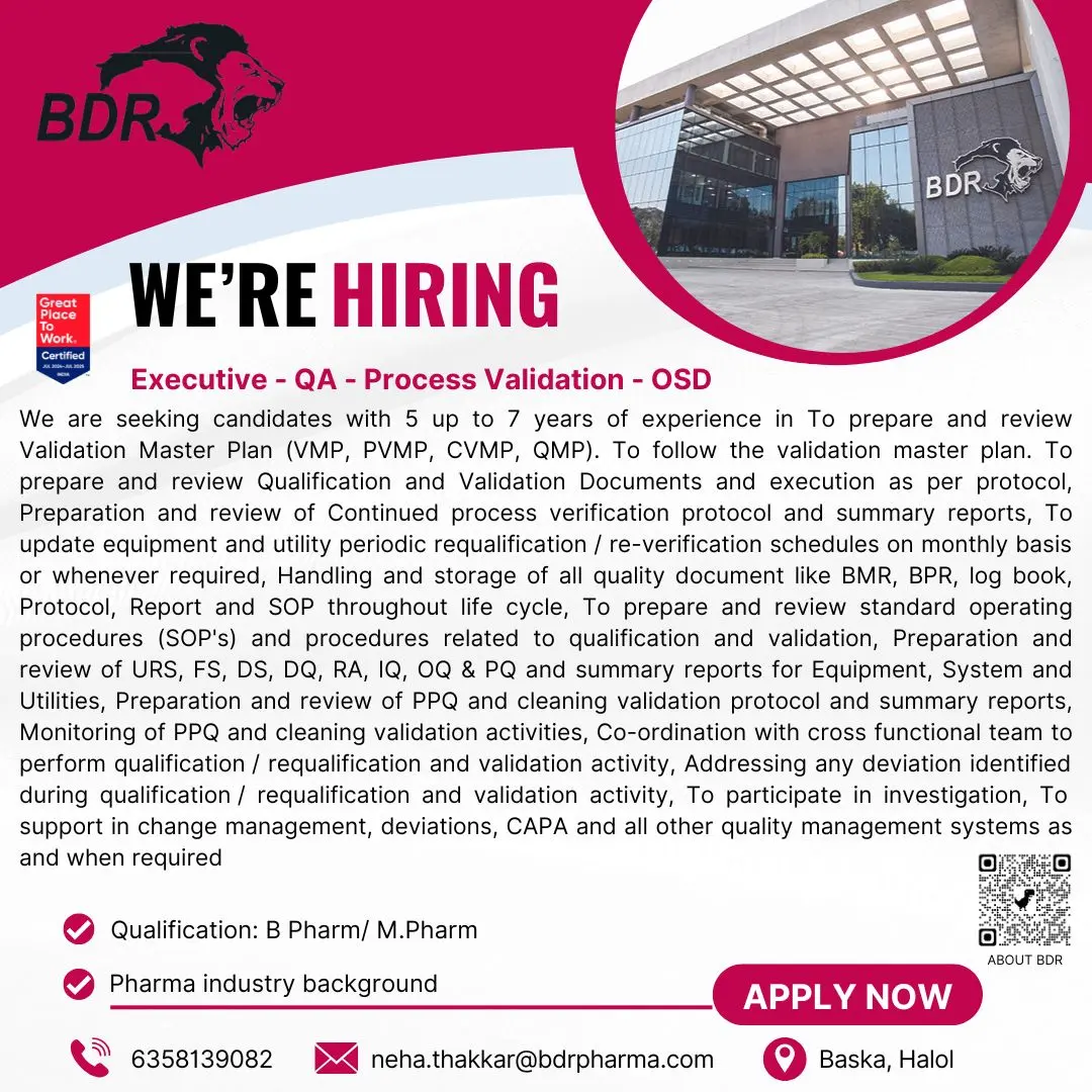 BDR Pharma Hiring Executive QA – OSD
